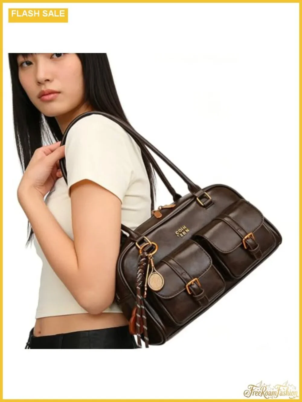 Vintage Y2K Hobo Shoulder Bag PU Leather Top Handle Tote Pendant